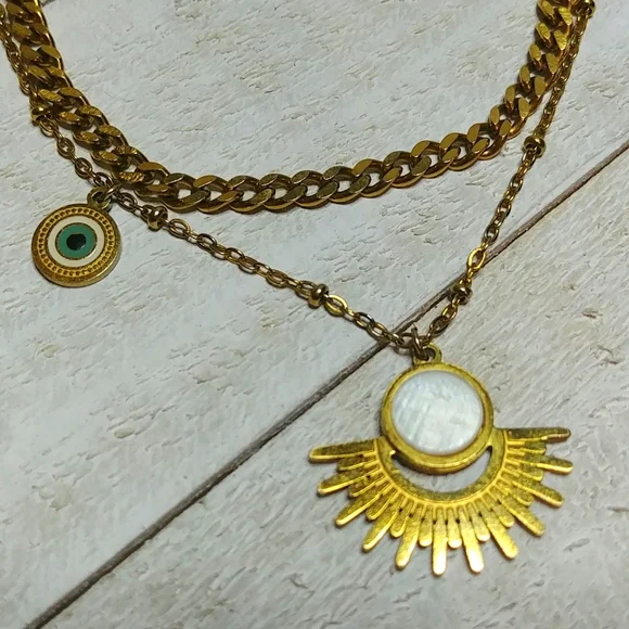 Evil Eye Bracelet Brass toned with Charms - Picture 3 of 5